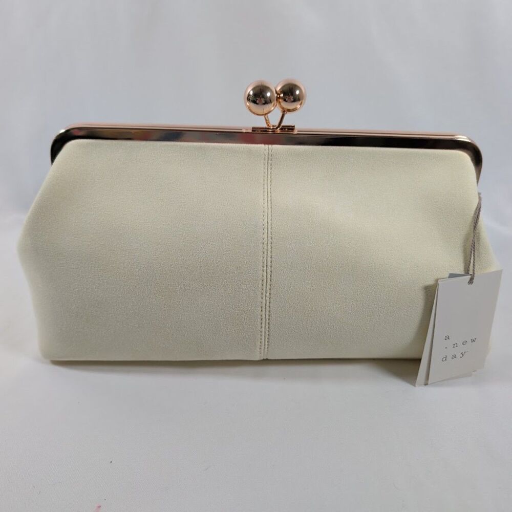 A New Day Yellow Kiss Lock Clutch Purse Rose Gold Frame NWT